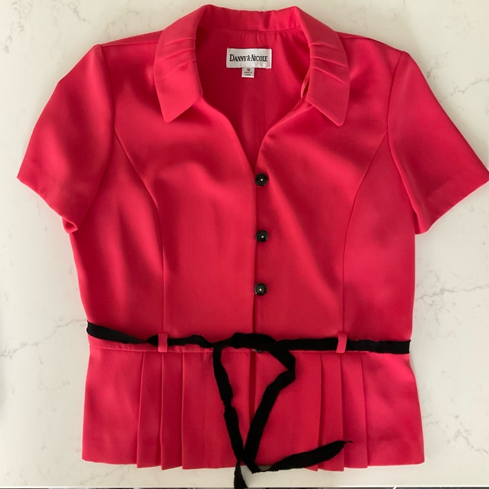 Y2K Danny & Nicole Pink Blouse Black Tie Waist Pleated Hem Top Size Medium